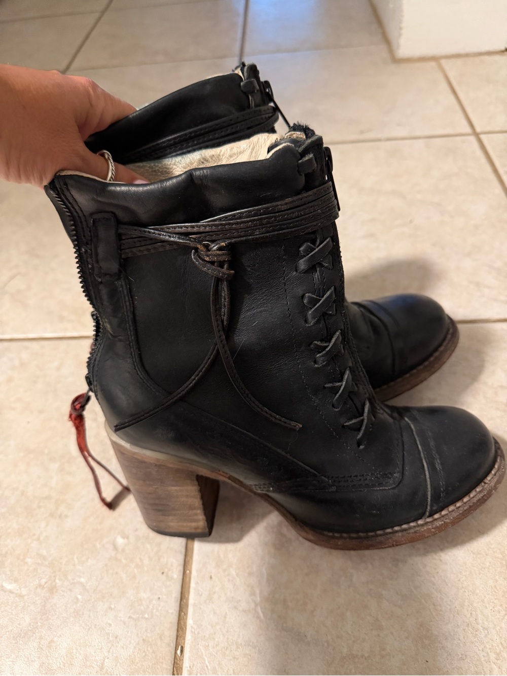 Freebird by Steven Black Leather Lace-Up Ankle Boots with Wood Block Heel